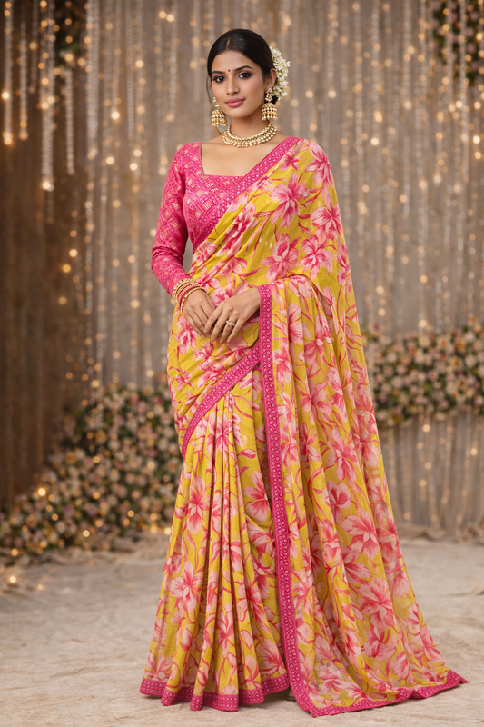 #MBA2095 Pink petals 1 min saree and blouse