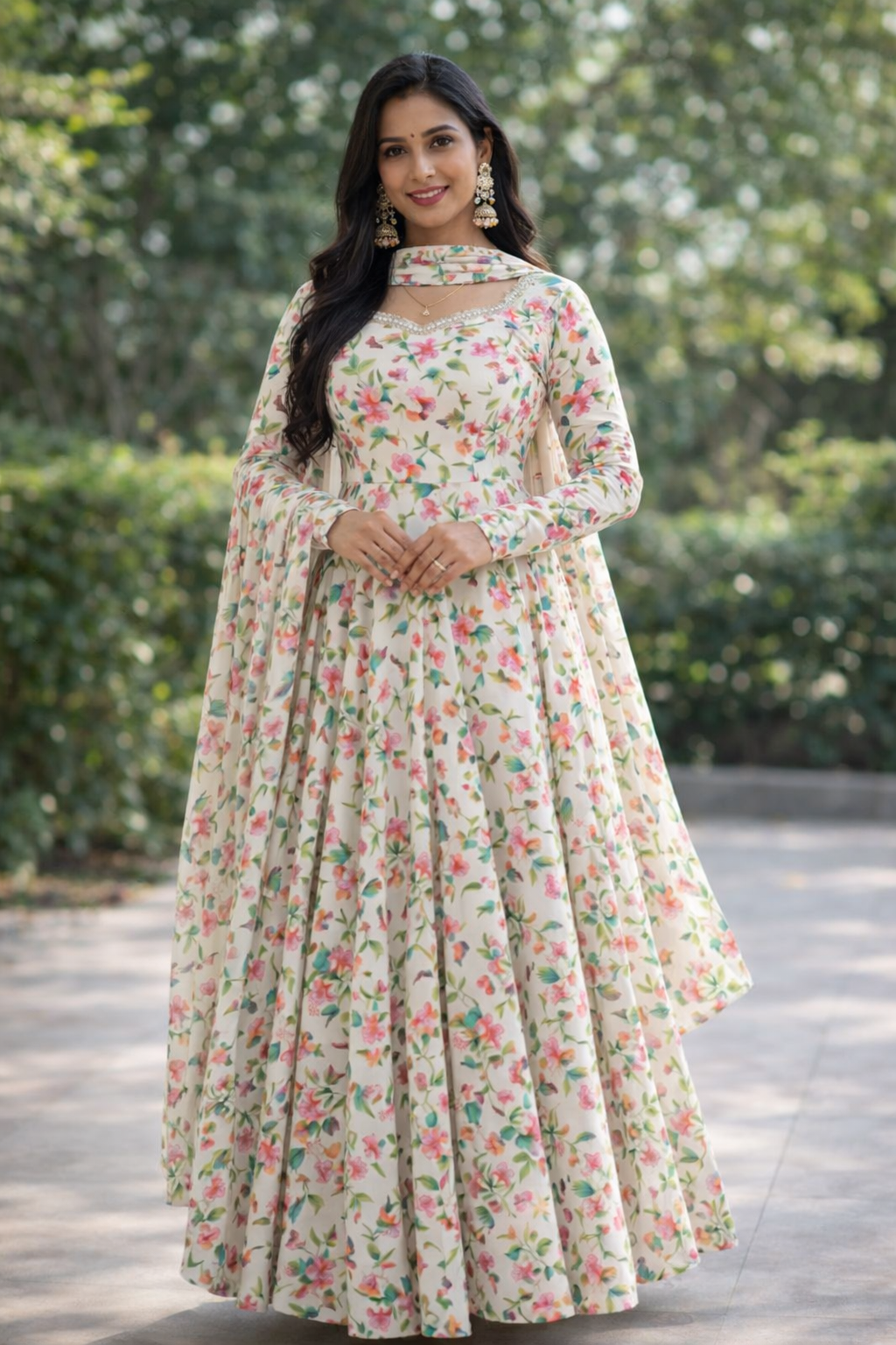 #MBA2091 Off white floral rose anarkali and dupatta