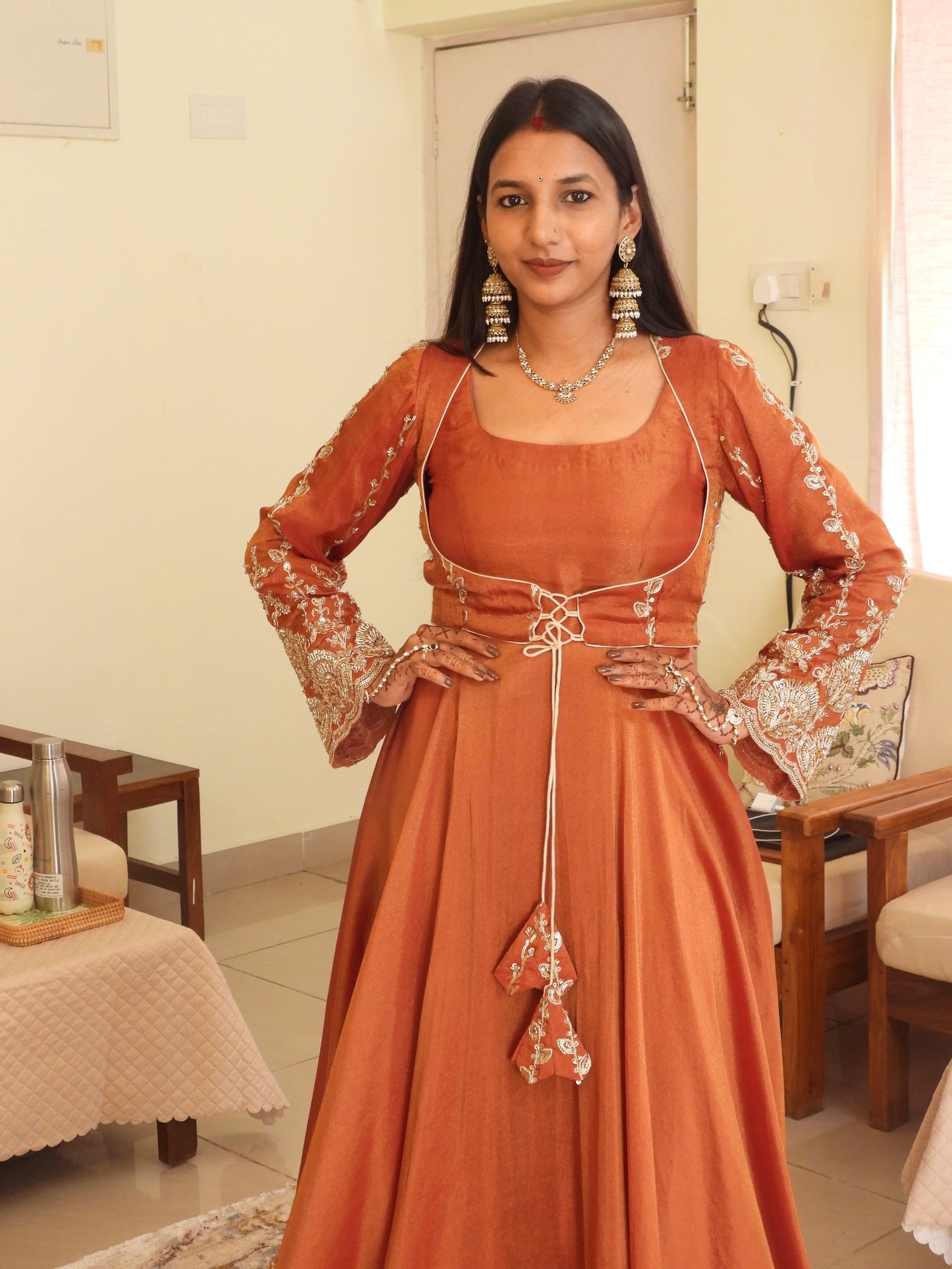 #MBA2046 Pure tissue silk anarkali, jacket and dupatta- Rust