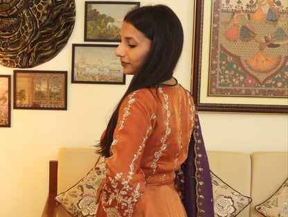 #MBA2046 Pure tissue silk anarkali, jacket and dupatta- Rust