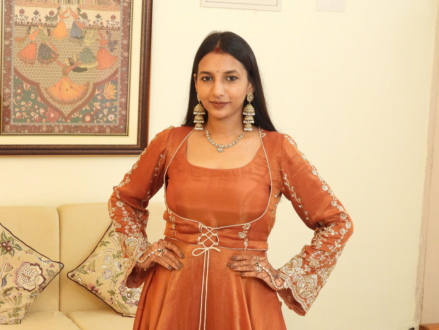 #MBA2046 Pure tissue silk anarkali, jacket and dupatta- Rust