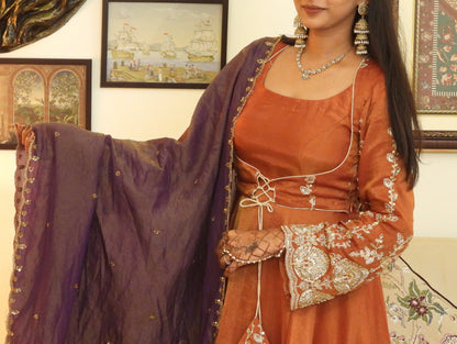 #MBA2046 Pure tissue silk anarkali, jacket and dupatta- Rust