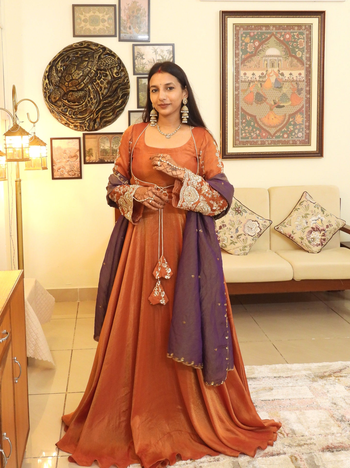 #MBA2046 Pure tissue silk anarkali, jacket and dupatta- Rust