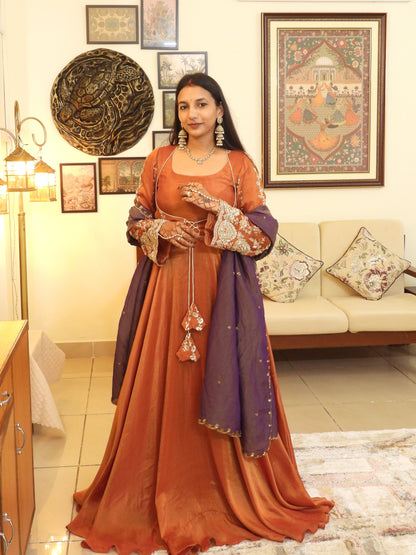#MBA2046 Pure tissue silk anarkali, jacket and dupatta- Rust