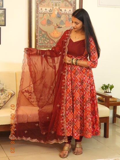 #MBA2048 Pure Chinon Silk Embroidered Anarkali Set - Maroon