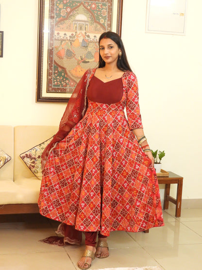 #MBA2048 Pure Chinon Silk Embroidered Anarkali Set - Maroon