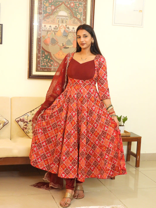 #MBA2048 Pure Chinon Silk Embroidered Anarkali Set - Maroon