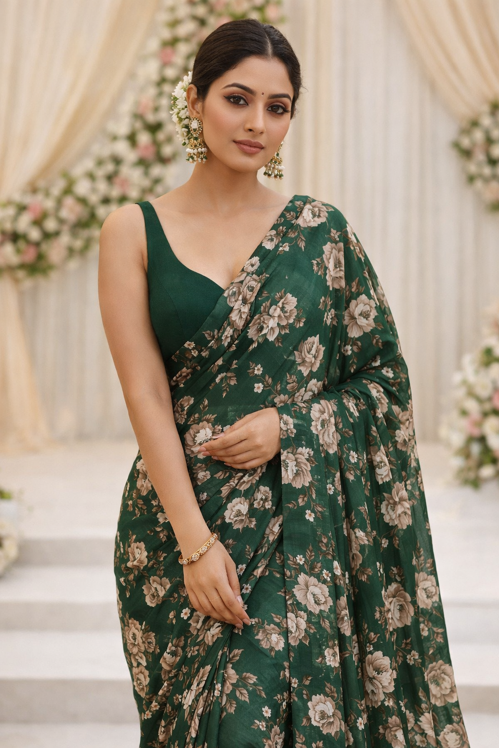 #MBA2098 Bottle Green rose 1 min saree and blouse
