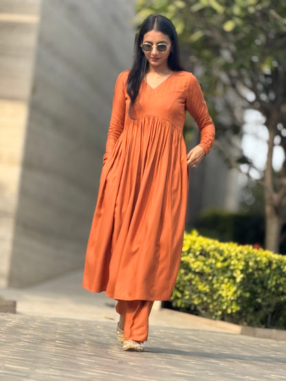 #MBA1856 Ruhaniyat kurta pant with dupatta-rust orange