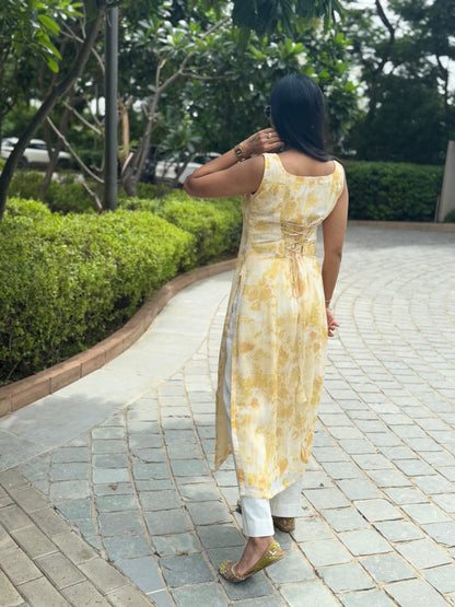 #MBA1993 Floral straight kurta- Hazelnut