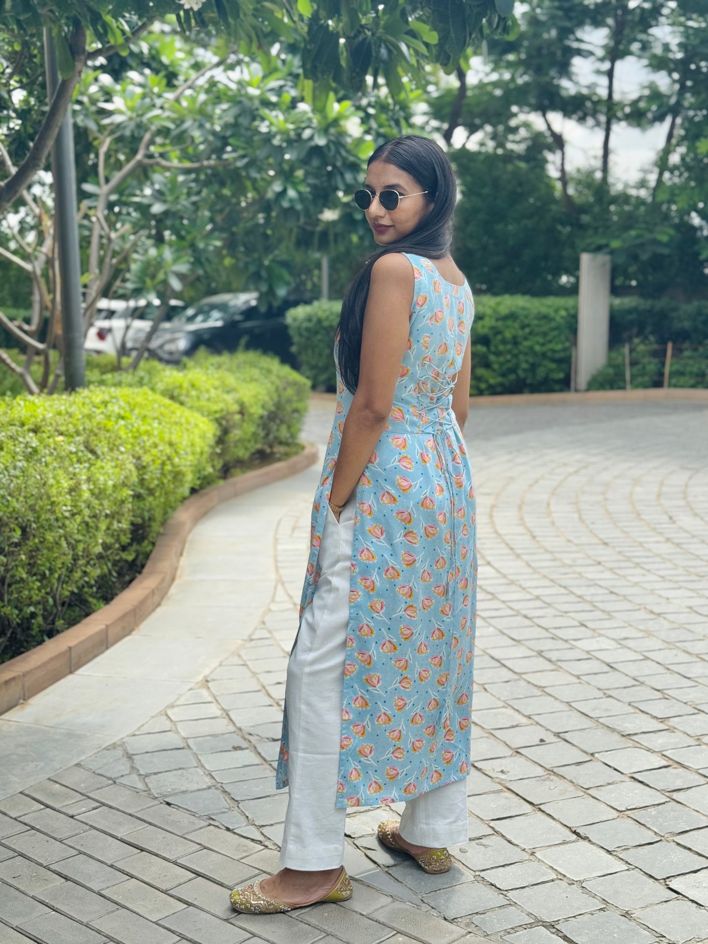 #MBA1995 Floral straight kurta- Sky blue