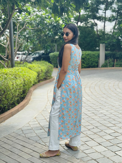 #MBA1995 Floral straight kurta- Sky blue