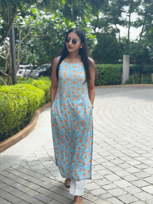 #MBA1995 Floral straight kurta- Sky blue