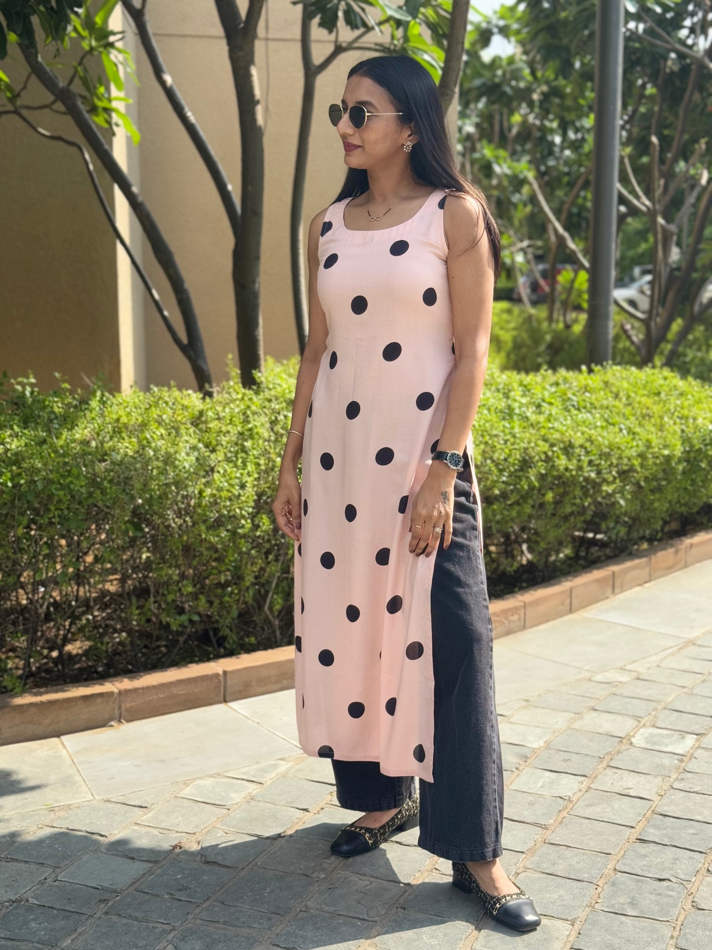 #MBA1996 Floral straight kurta- Peach polka