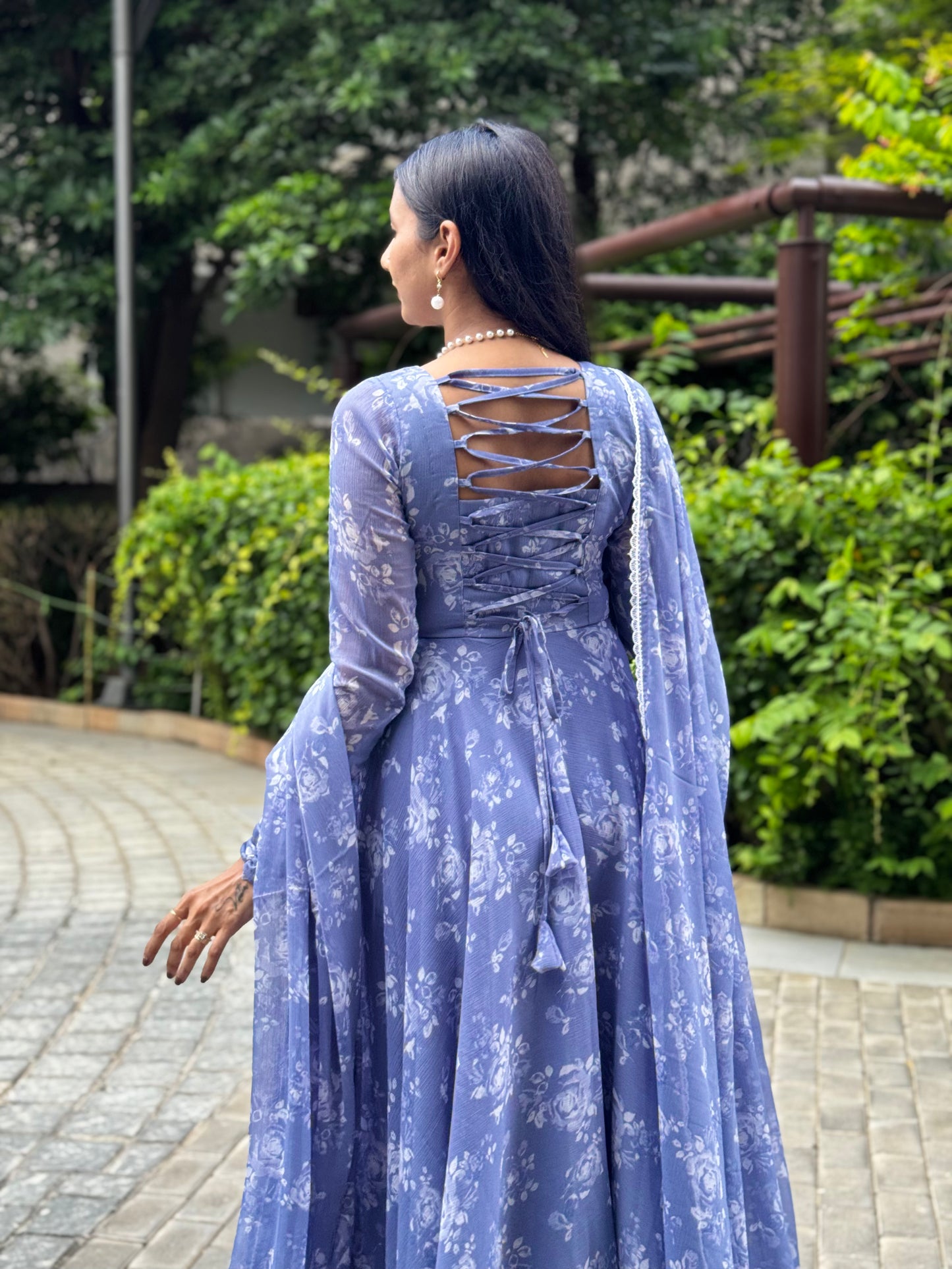 #MBA1997 Powder blue floral anarkali and dupatta