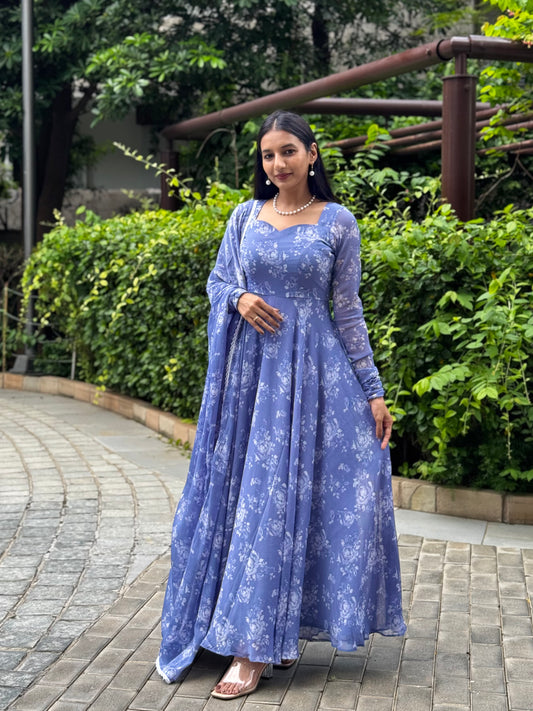 #MBA1997 Powder blue floral anarkali and dupatta