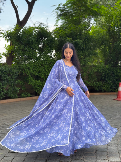 #MBA1997 Powder blue floral anarkali and dupatta