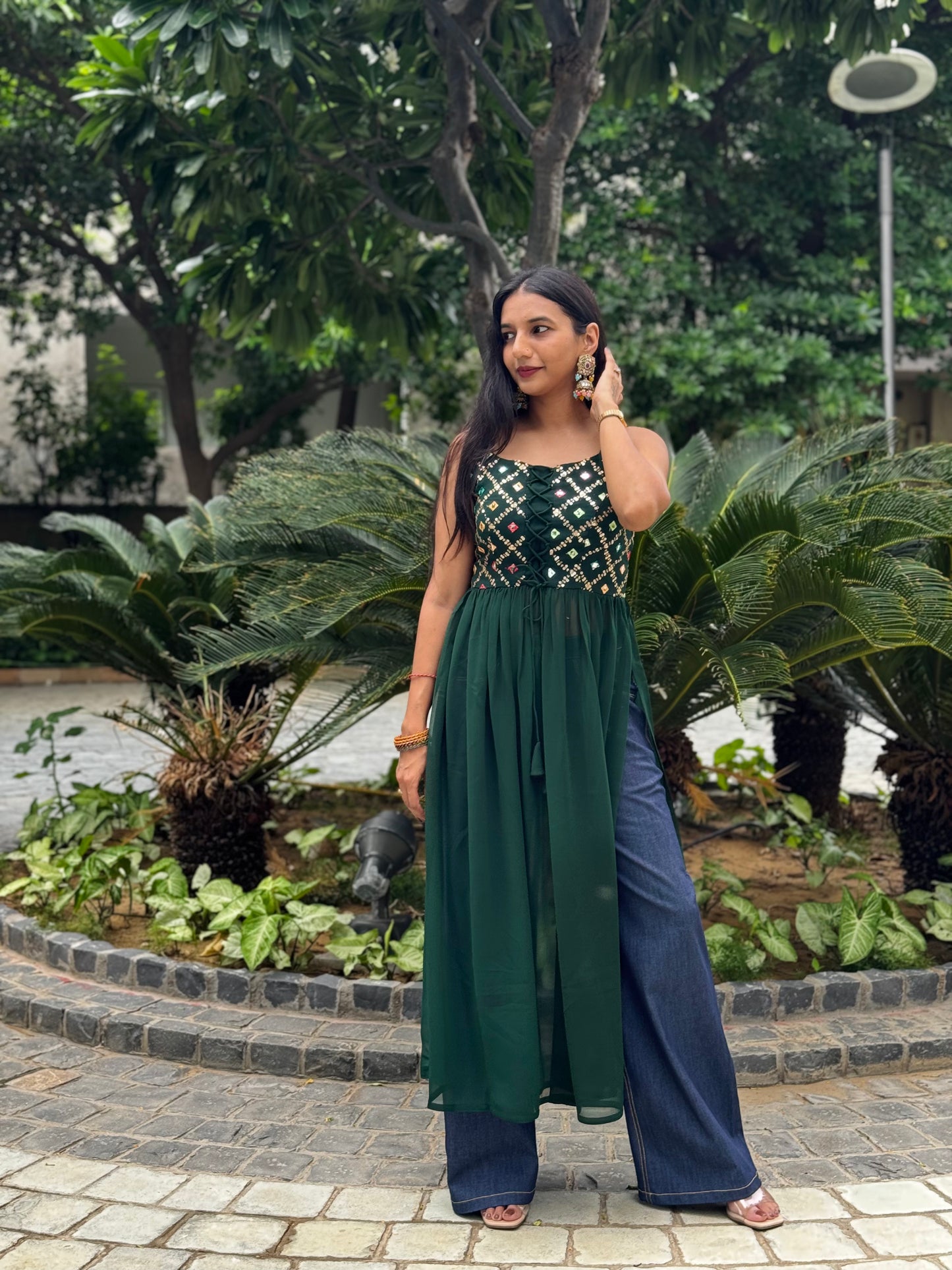 #MBA1999 Sitara side slit kurti- Bottle green