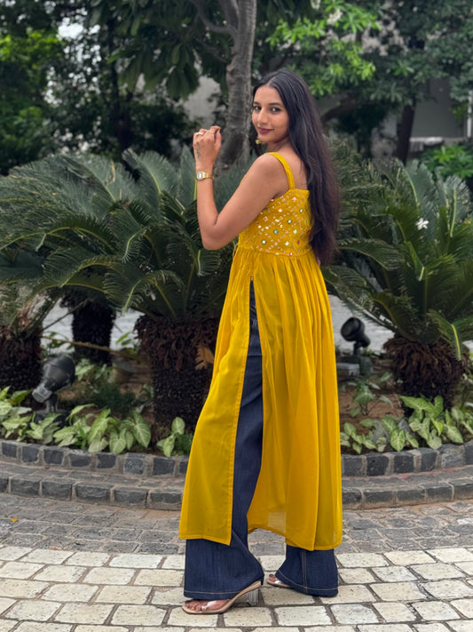 #MBA1998 Sitara side slit kurti- Mustard yellow