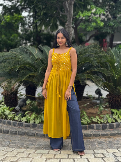 #MBA1998 Sitara side slit kurti- Mustard yellow