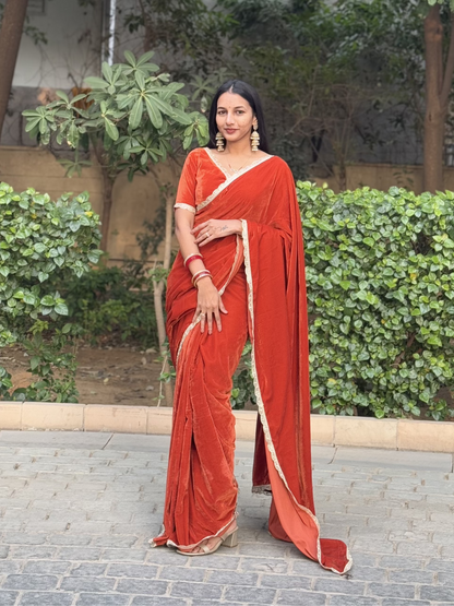 #MBA1726 Mastaani velvet 1 min saree and blouse- Burnt orange
