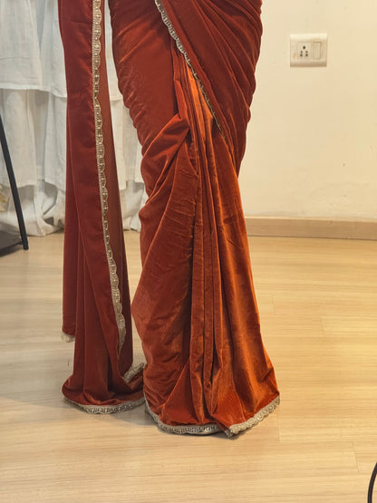 #MBA1726 Mastaani velvet 1 min saree and blouse- Burnt orange