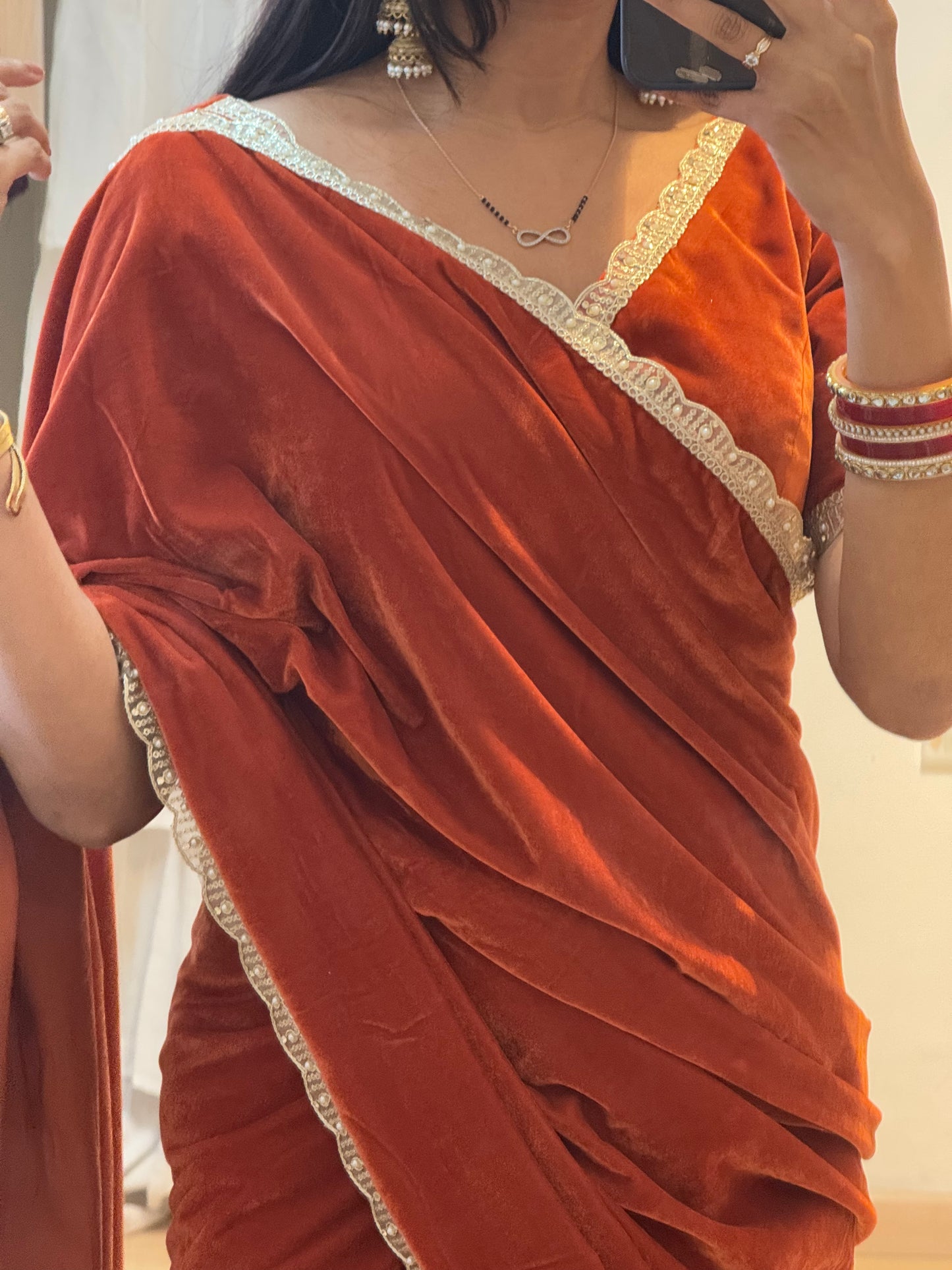 #MBA1726 Mastaani velvet 1 min saree and blouse- Burnt orange