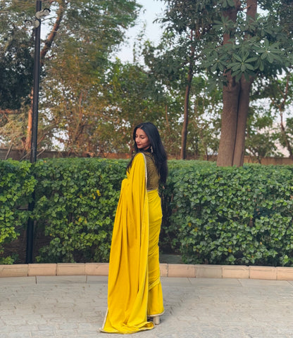 #MBA1727 Mastaani velvet 1 min saree and blouse- Olive yellow