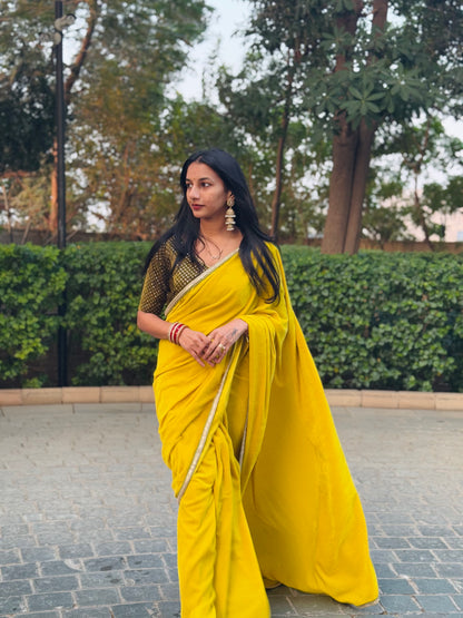 #MBA1727 Mastaani velvet 1 min saree and blouse- Olive yellow