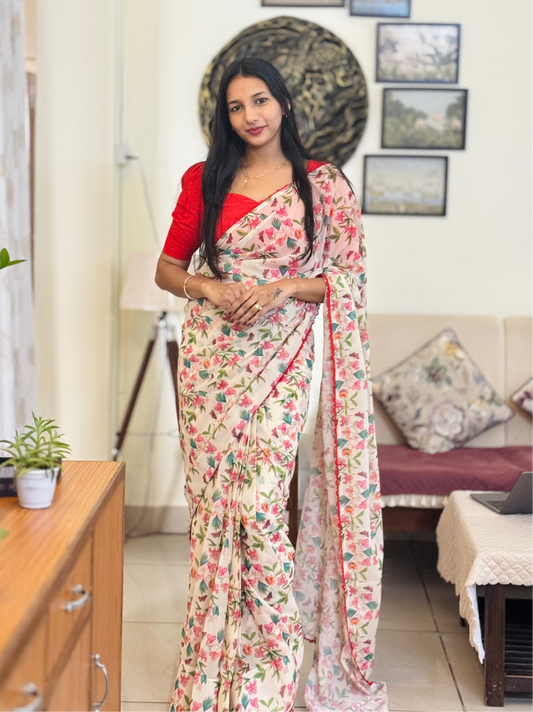 #MBA2086 Off white floral 1 min saree and blouse