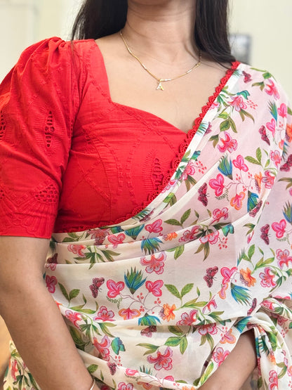 #MBA2086 Off white floral 1 min saree and blouse