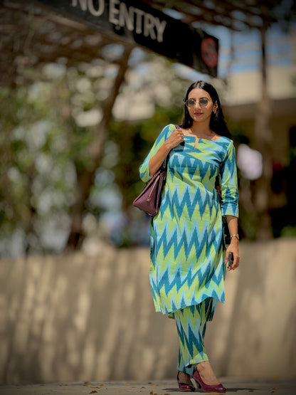 #MBA1865 Ikkat 2.0- blue green zigzag kurta and pant