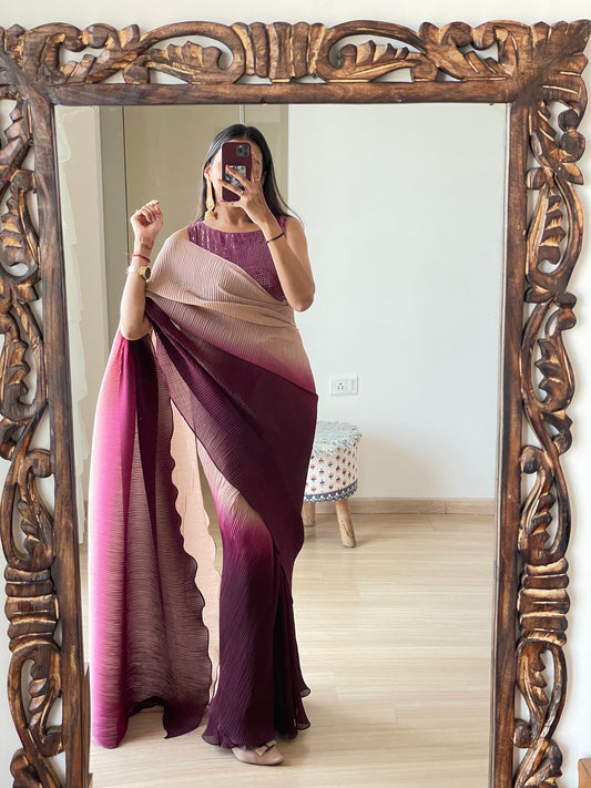#MBA2058 Wine ombre pleated 1 min saree and sequin blouse