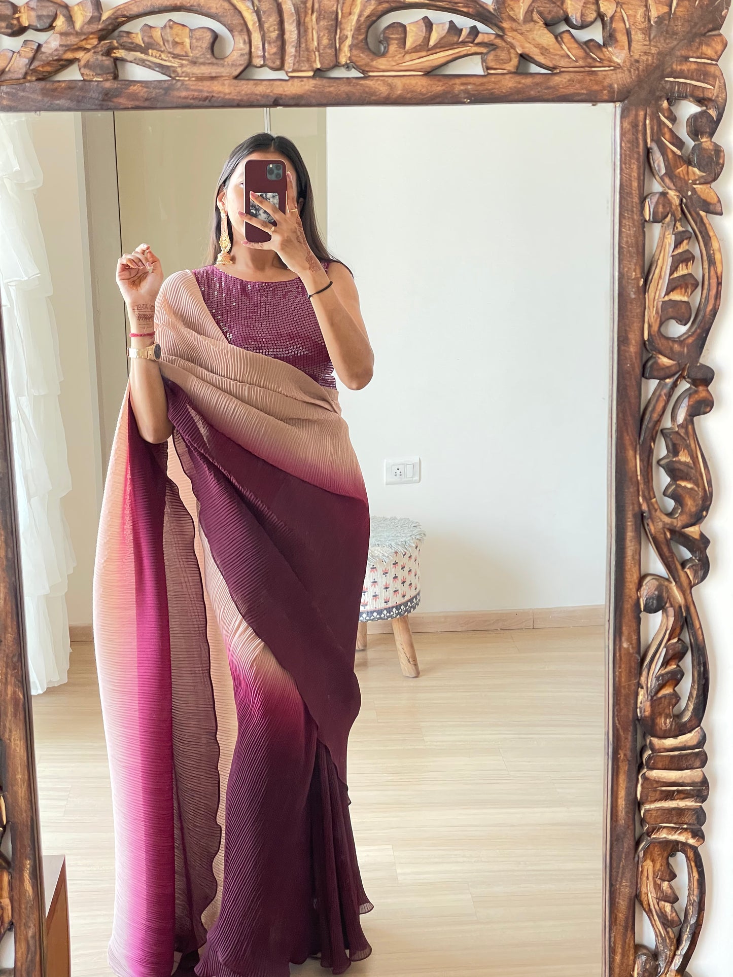 #MBA2058 Wine ombre pleated 1 min saree and sequin blouse