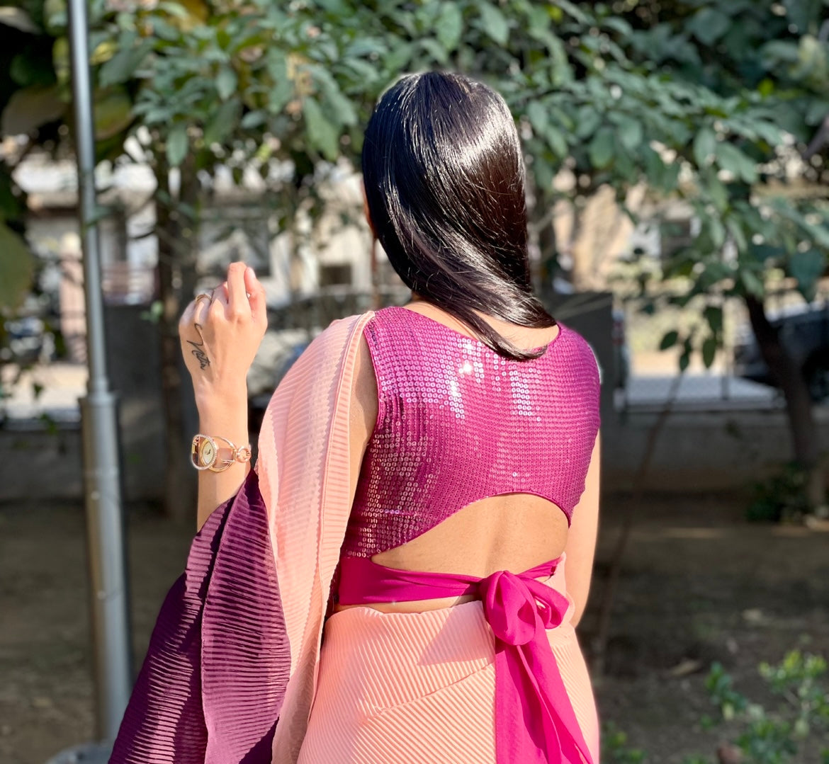 #MBA2058 Wine ombre pleated 1 min saree and sequin blouse