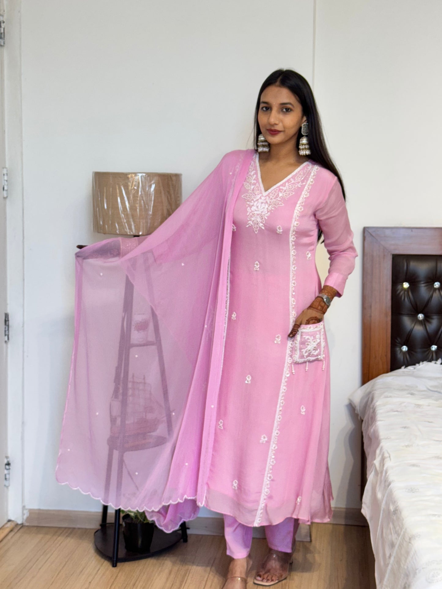 #MBA2024 Pearl embroidery chinon silk suit set- soft pink
