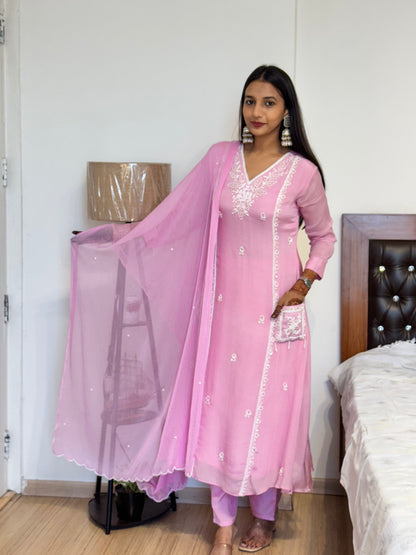#MBA2024 Pearl embroidery chinon silk suit set- soft pink