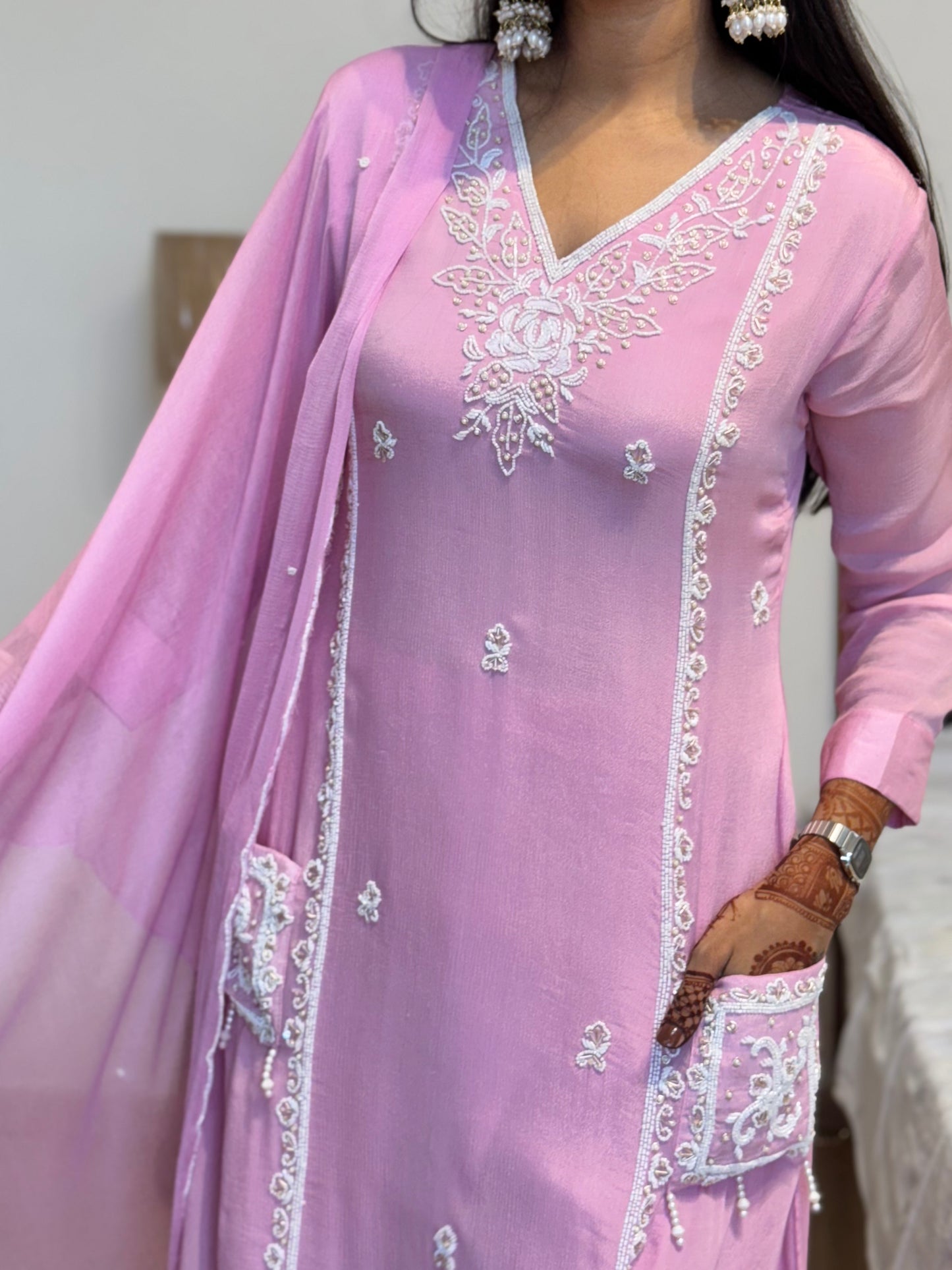#MBA2024 Pearl embroidery chinon silk suit set- soft pink