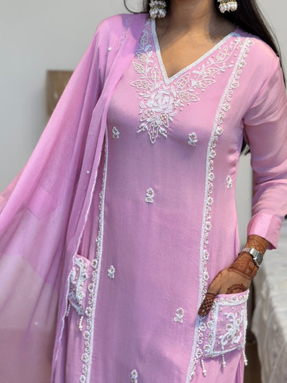#MBA2024 Pearl embroidery chinon silk suit set- soft pink