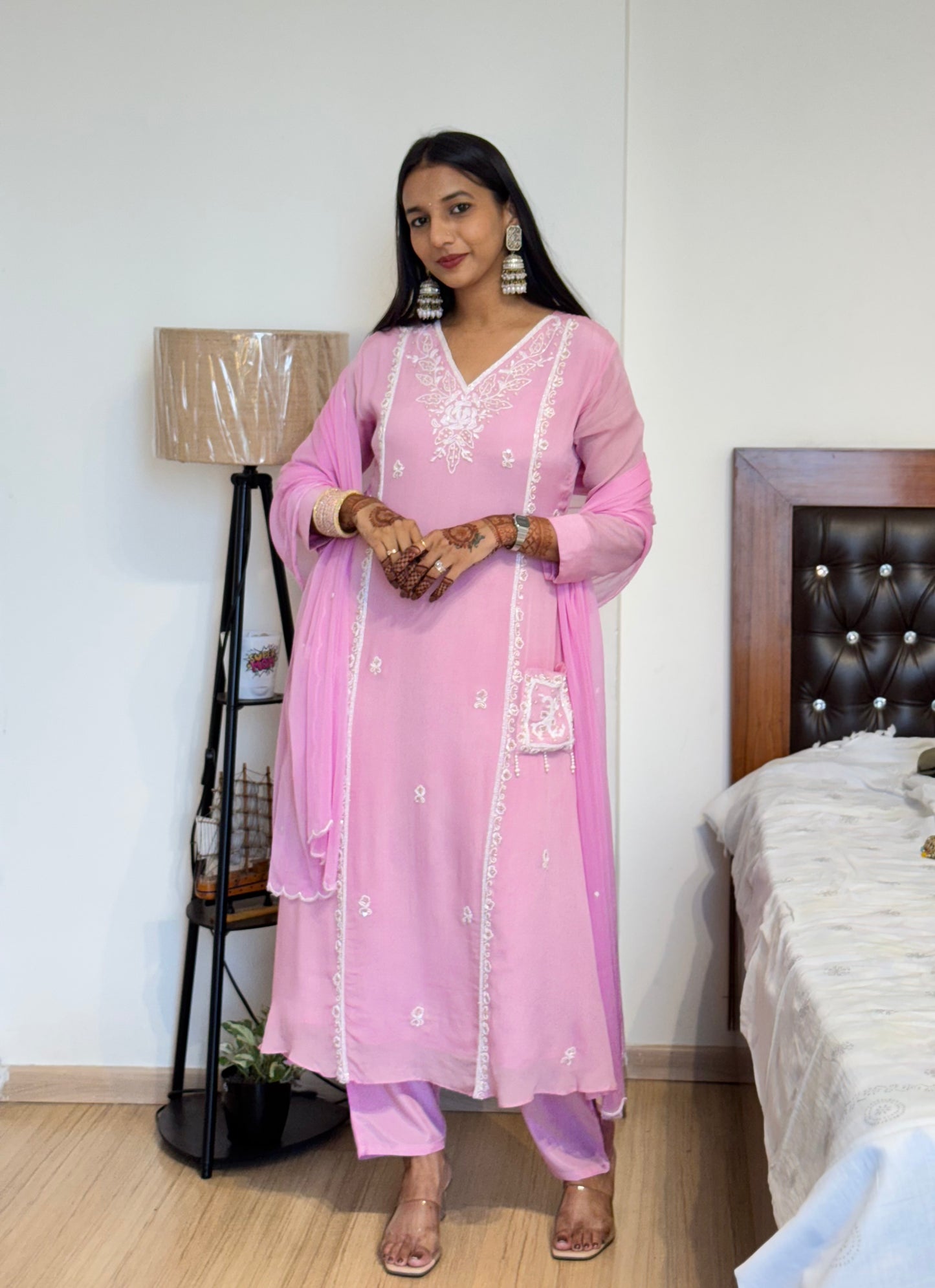 #MBA2024 Pearl embroidery chinon silk suit set- soft pink