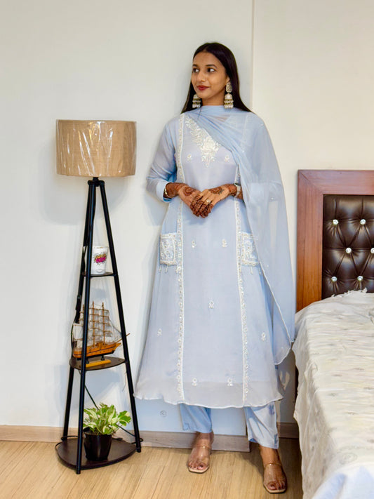 #MBA2025 Pearl embroidery chinon silk suit set- soft blue