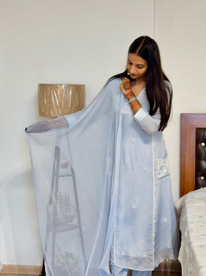 #MBA2025 Pearl embroidery chinon silk suit set- soft blue