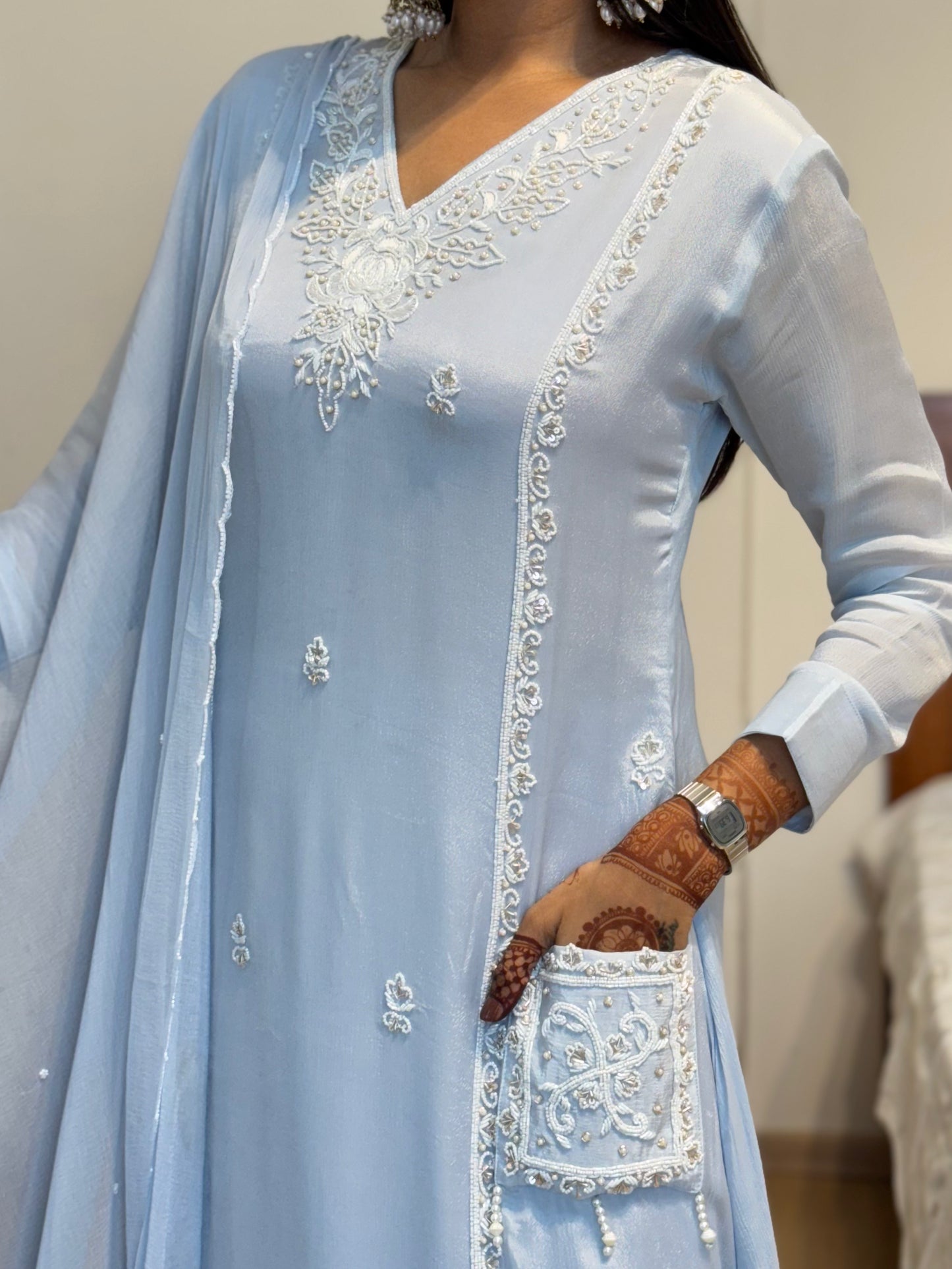 #MBA2025 Pearl embroidery chinon silk suit set- soft blue