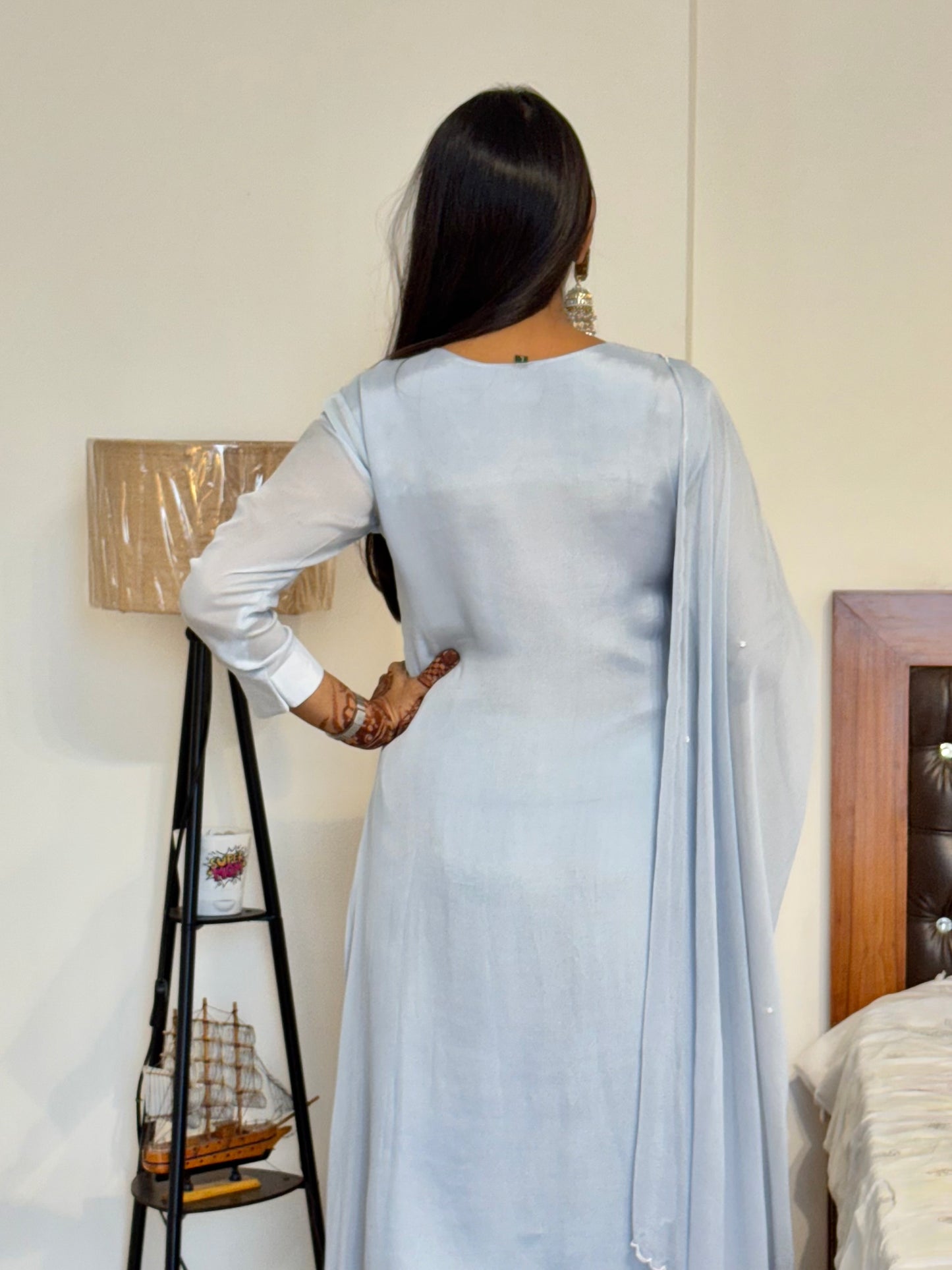 #MBA2025 Pearl embroidery chinon silk suit set- soft blue