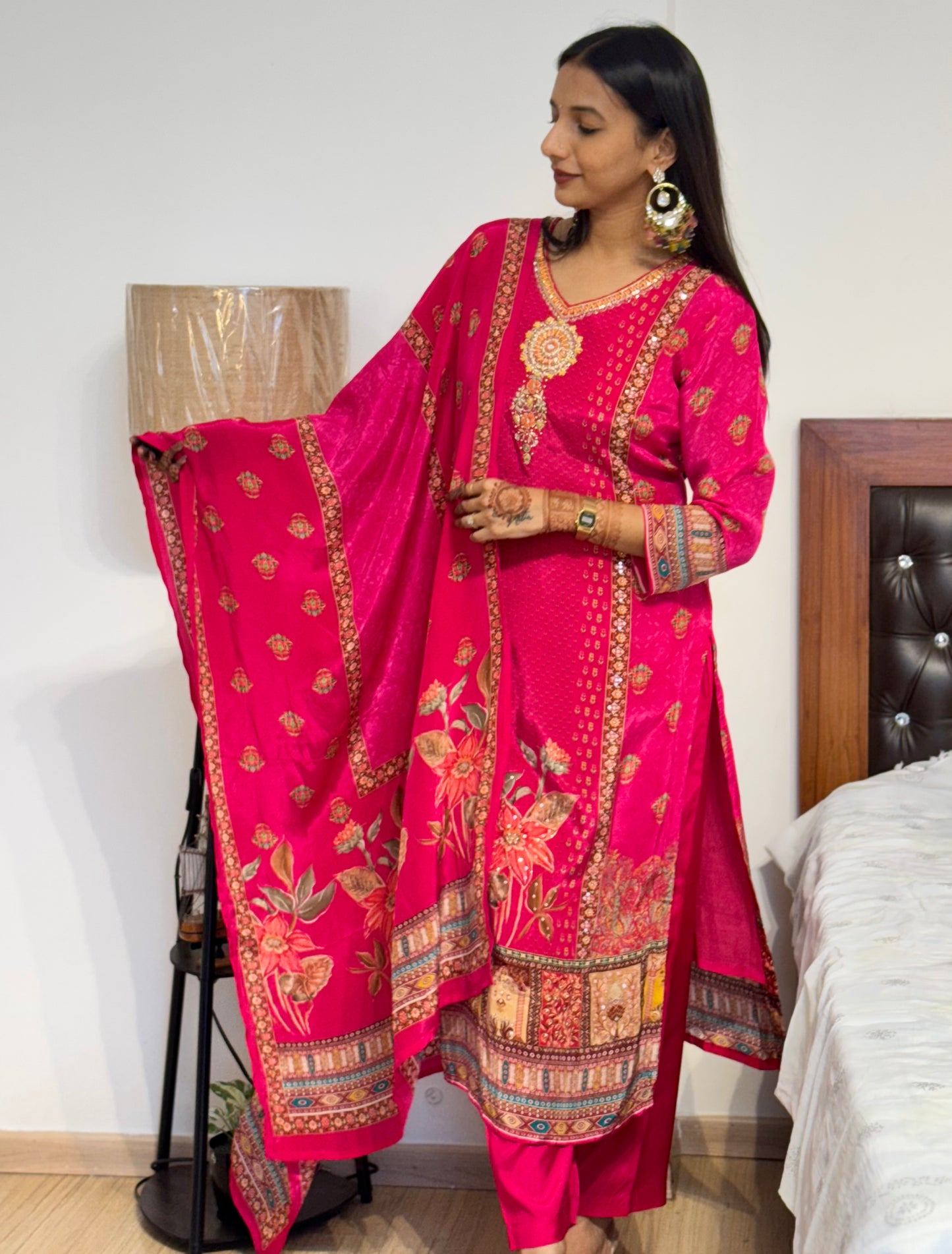 #MBA2022 Pure crepe silk suit set-Rani pink