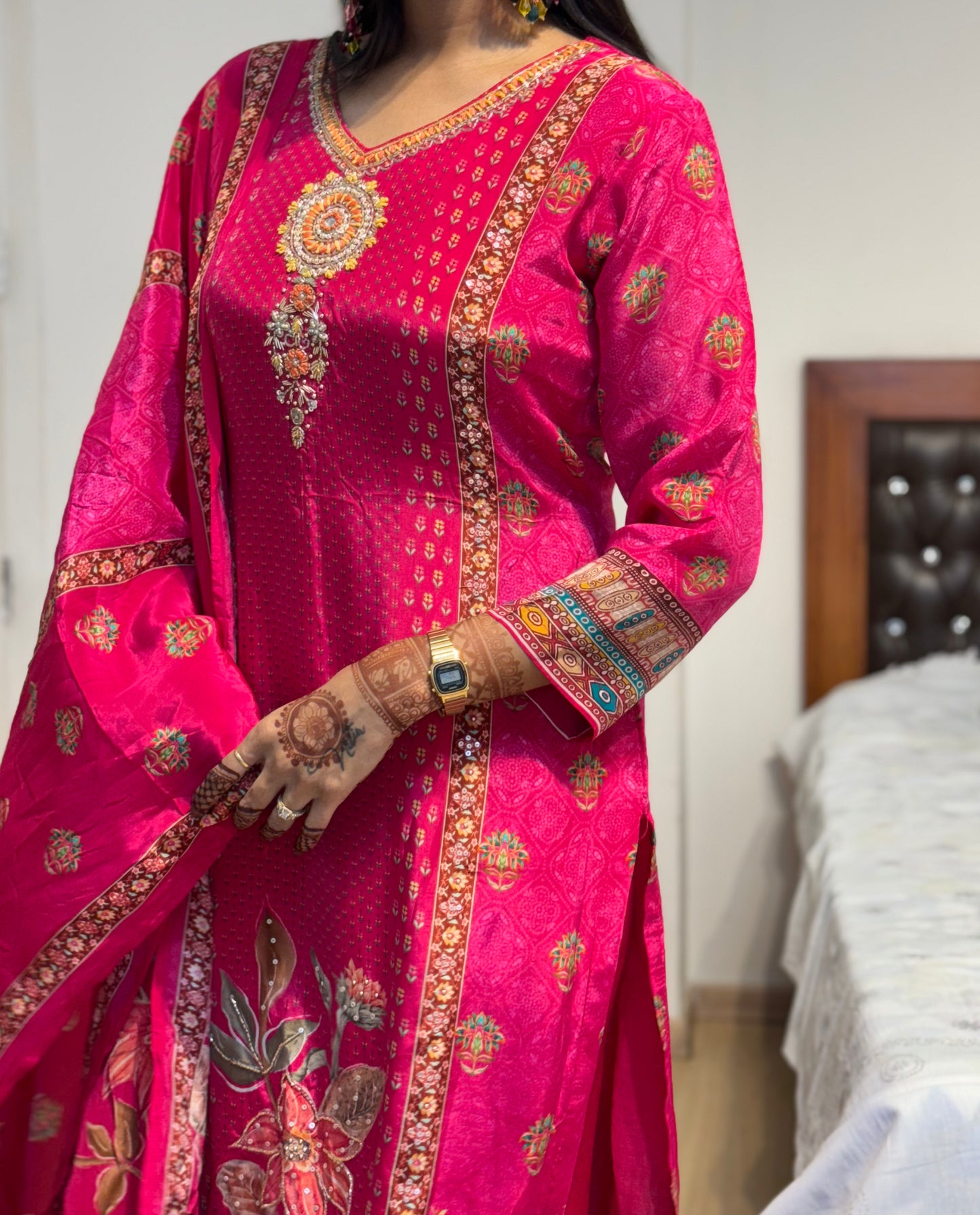 #MBA2022 Pure crepe silk suit set-Rani pink