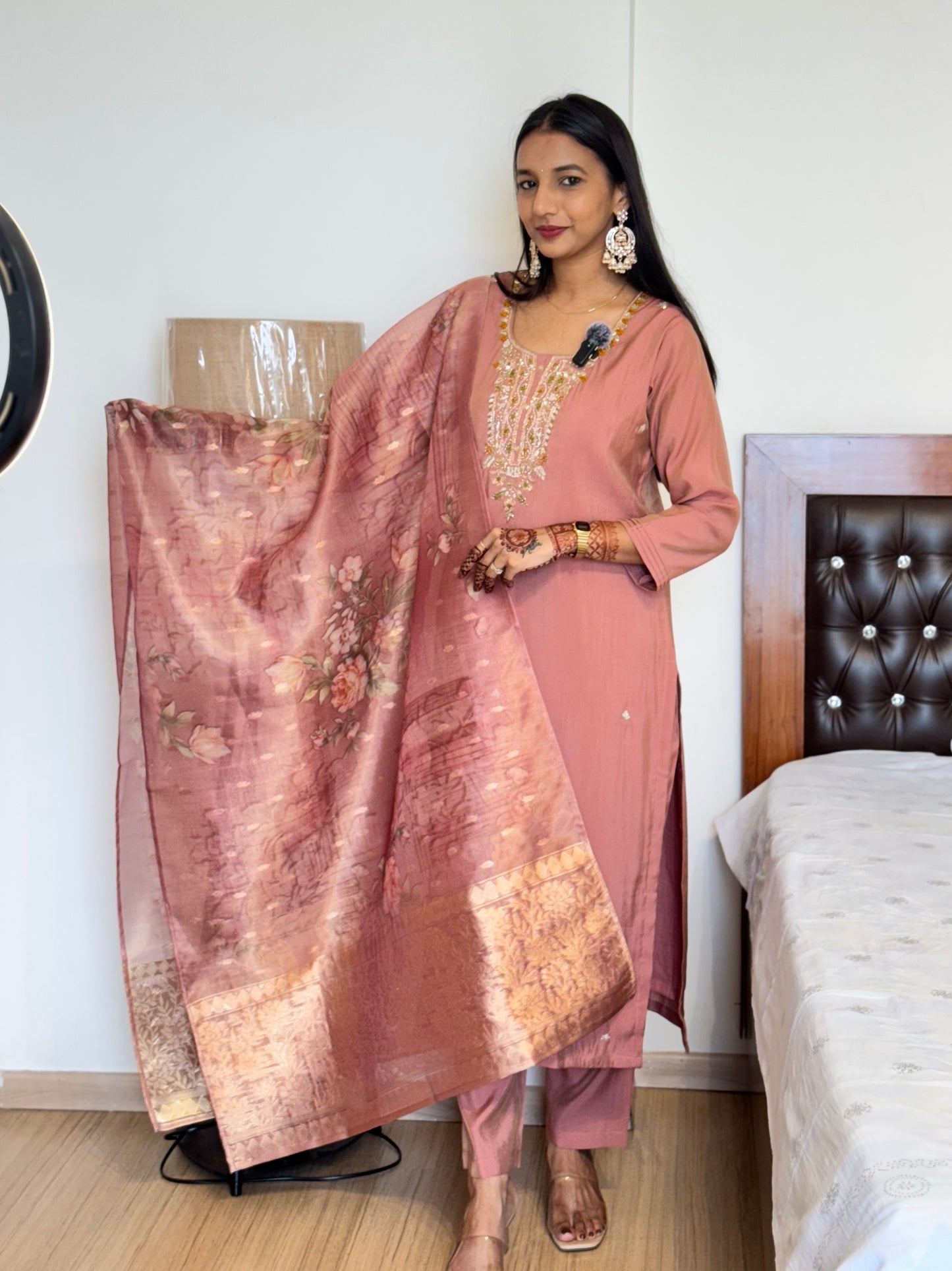 #MBA2023 Peach silk suit set with floral tissue dupatta