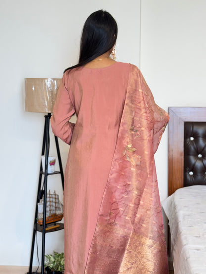 #MBA2023 Peach silk suit set with floral tissue dupatta