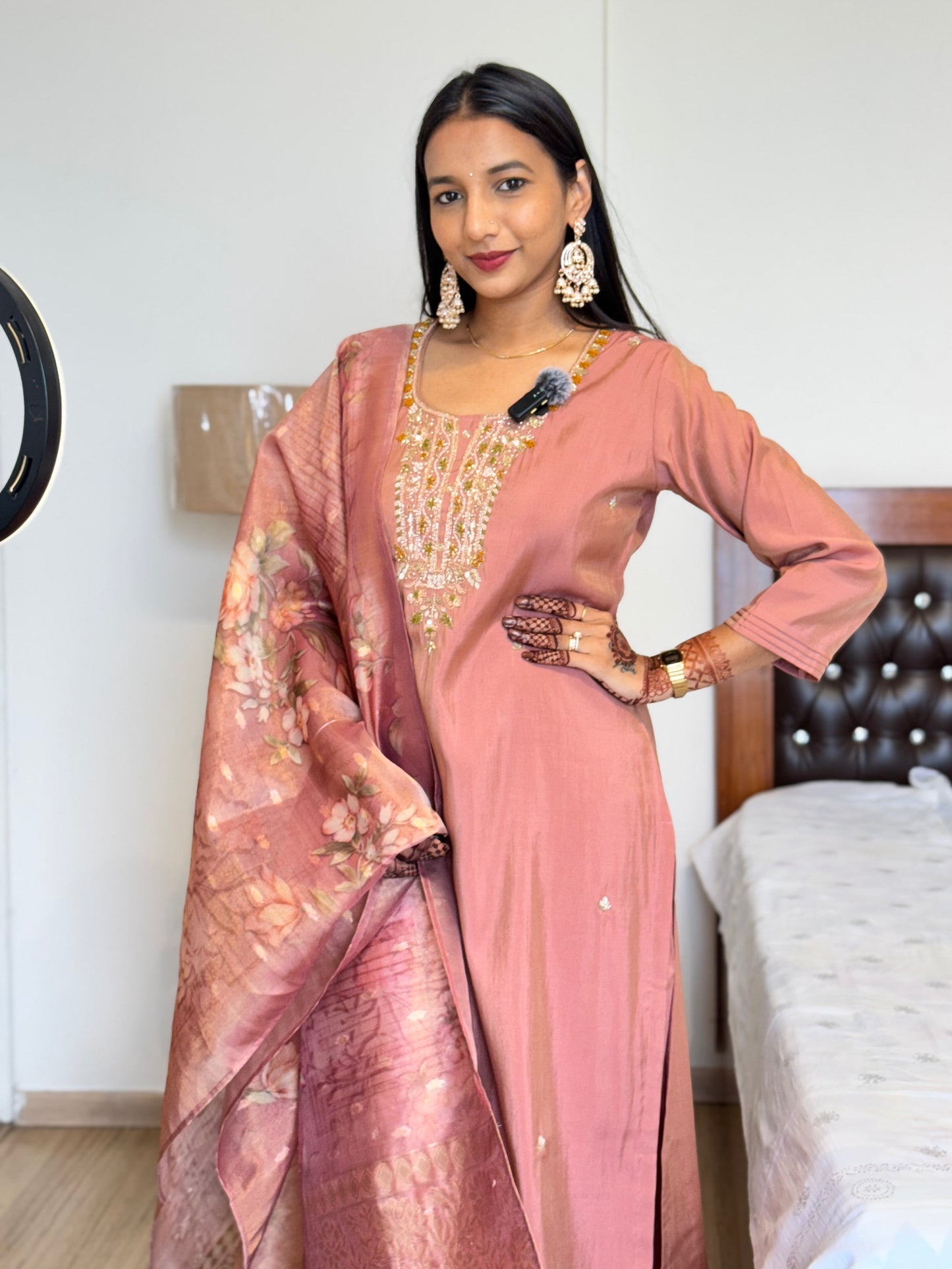 #MBA2023 Peach silk suit set with floral tissue dupatta