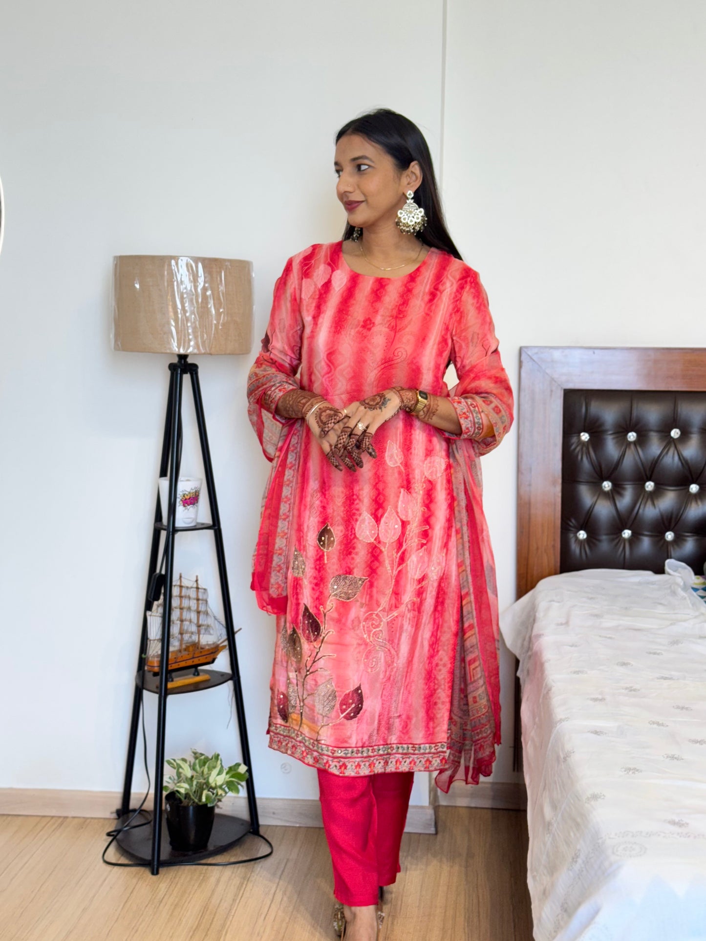 #MBA2027 Coral pink crepe suit set with chiffon dupatta